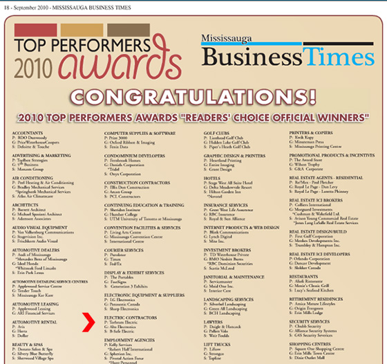 B-Safe was selected as a Top Performer during 2010 by the Readers of the Mississauga Business Times